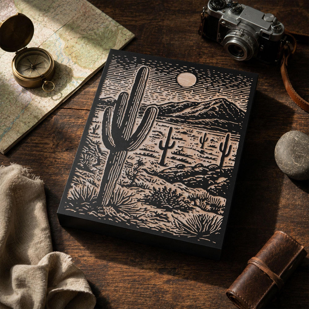 Saguaro Desert Landscape Engraved Wood Panel