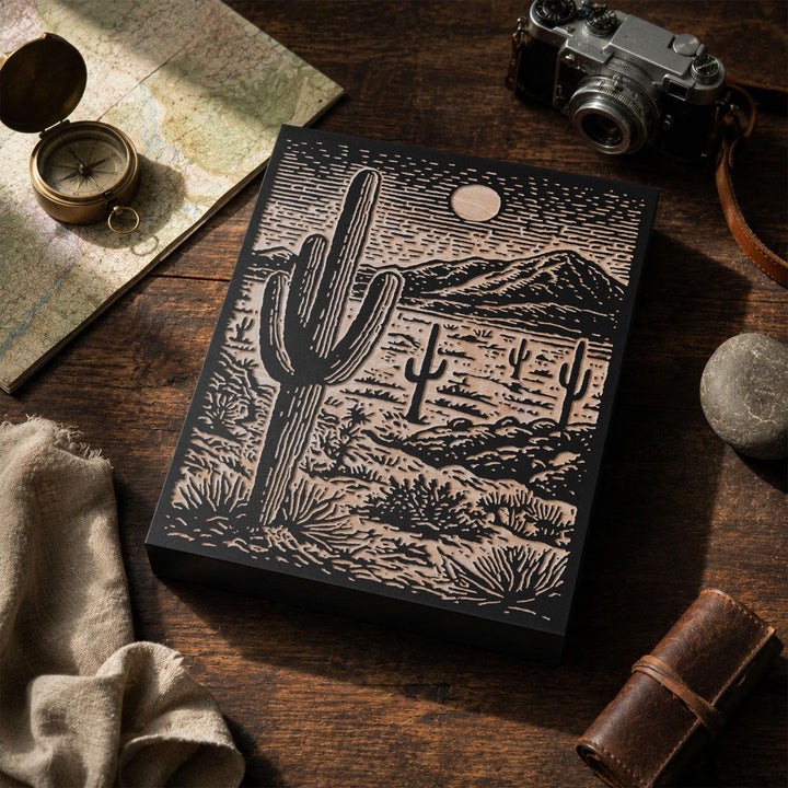 Saguaro Desert Landscape Engraved Wood Panel