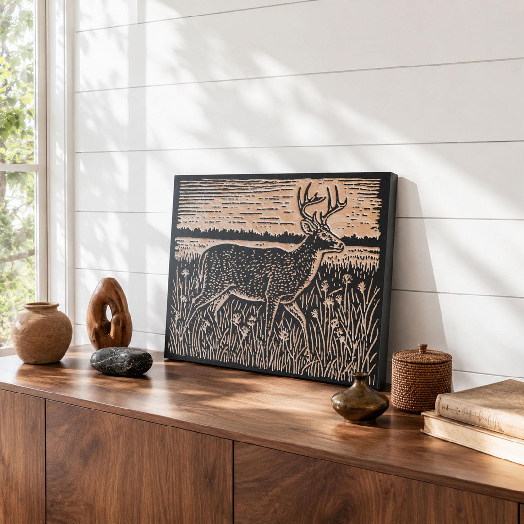 Stag Crossing Meadow Engraved Wood Panel