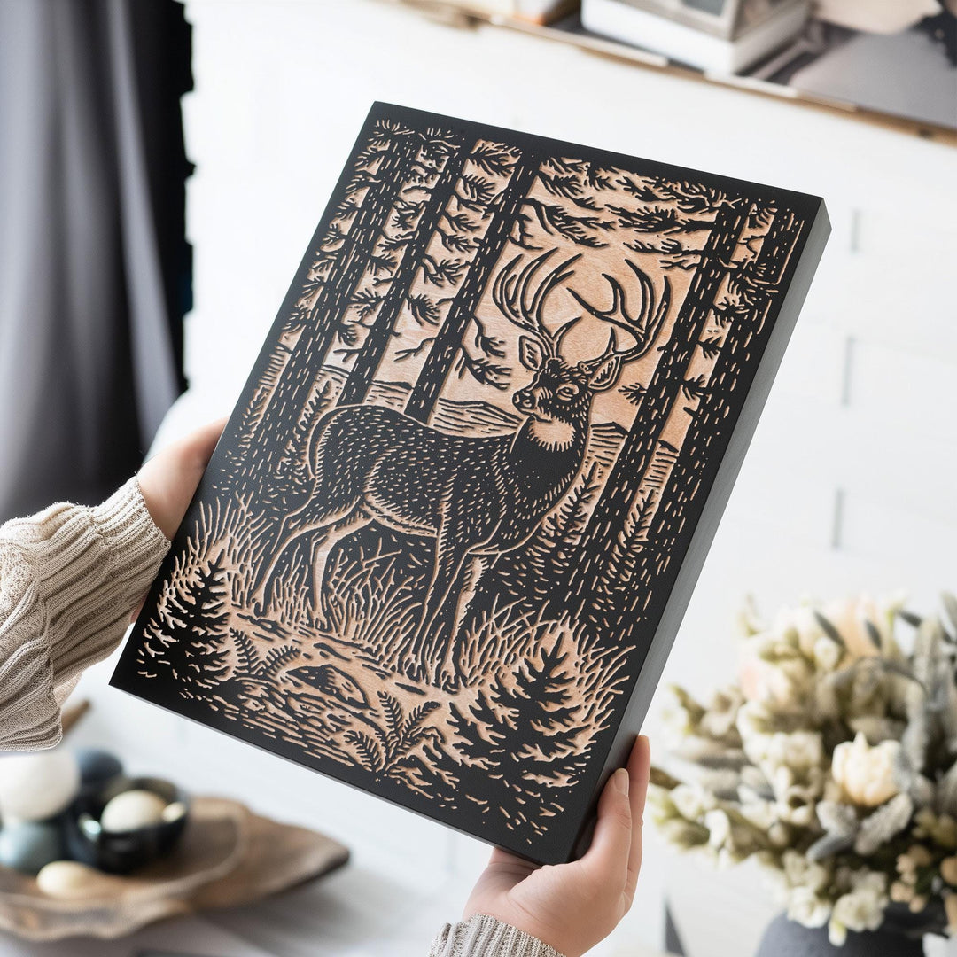 Stag in Pine Forest Engraved Wood Panel