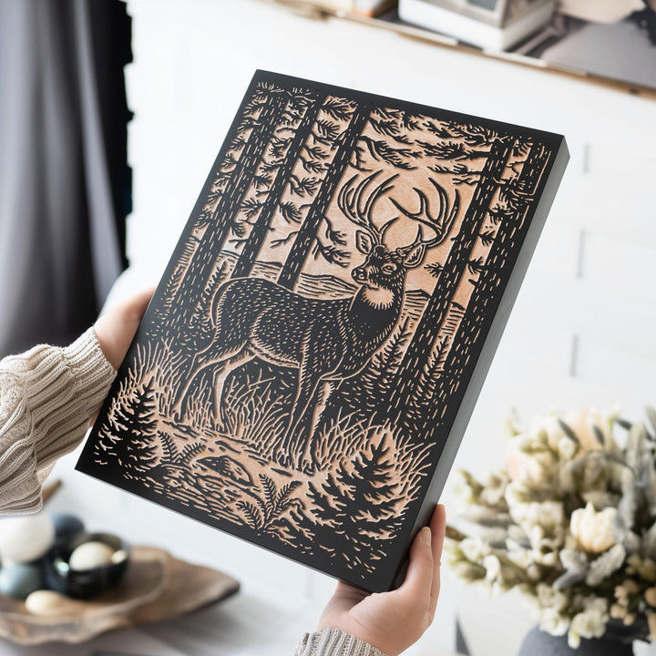 Stag in Pine Forest Engraved Wood Panel