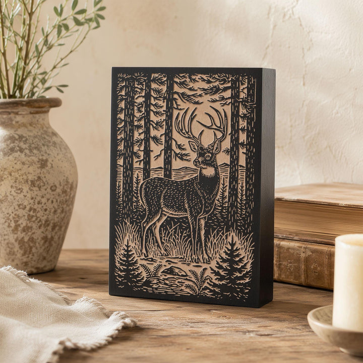 Stag in Pine Forest Engraved Wood Panel