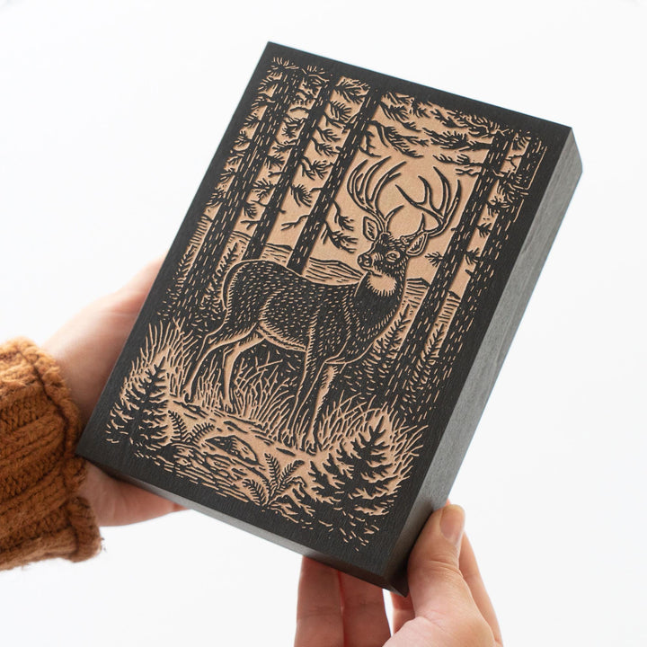 Stag in Pine Forest Engraved Wood Panel