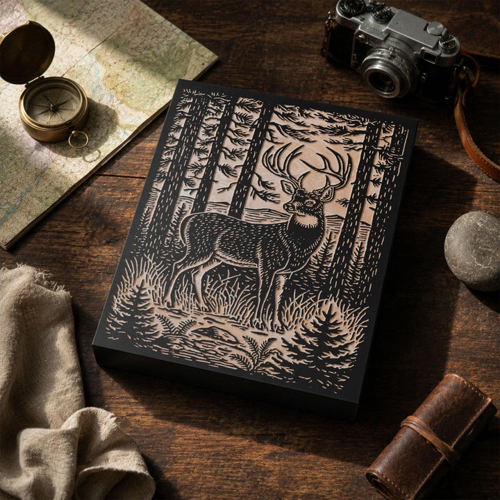 Stag in Pine Forest Engraved Wood Panel