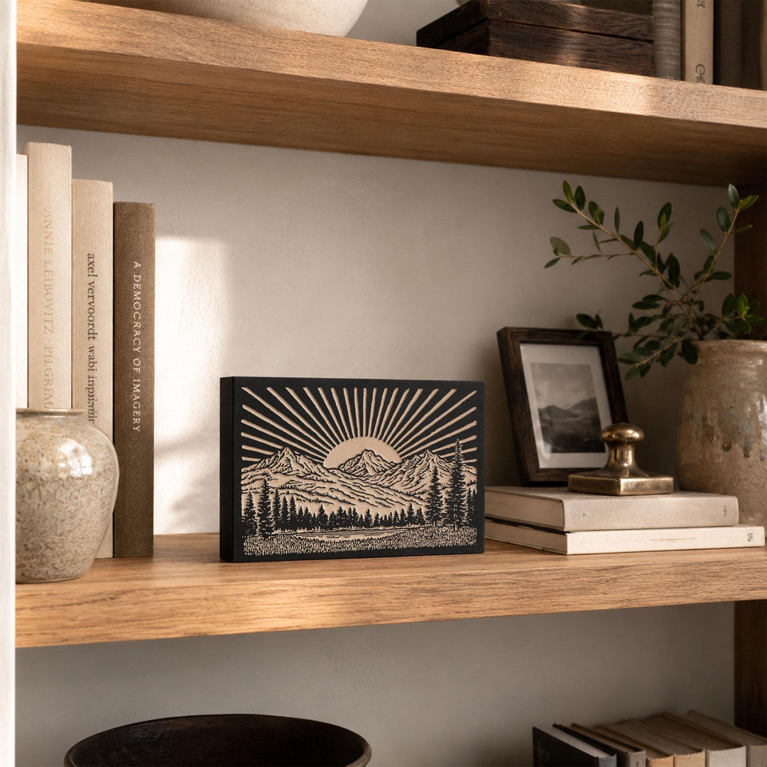 Sun over Mountain Range Engraved Wood Panel