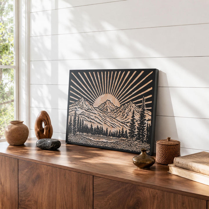 Sun over Mountain Range Engraved Wood Panel