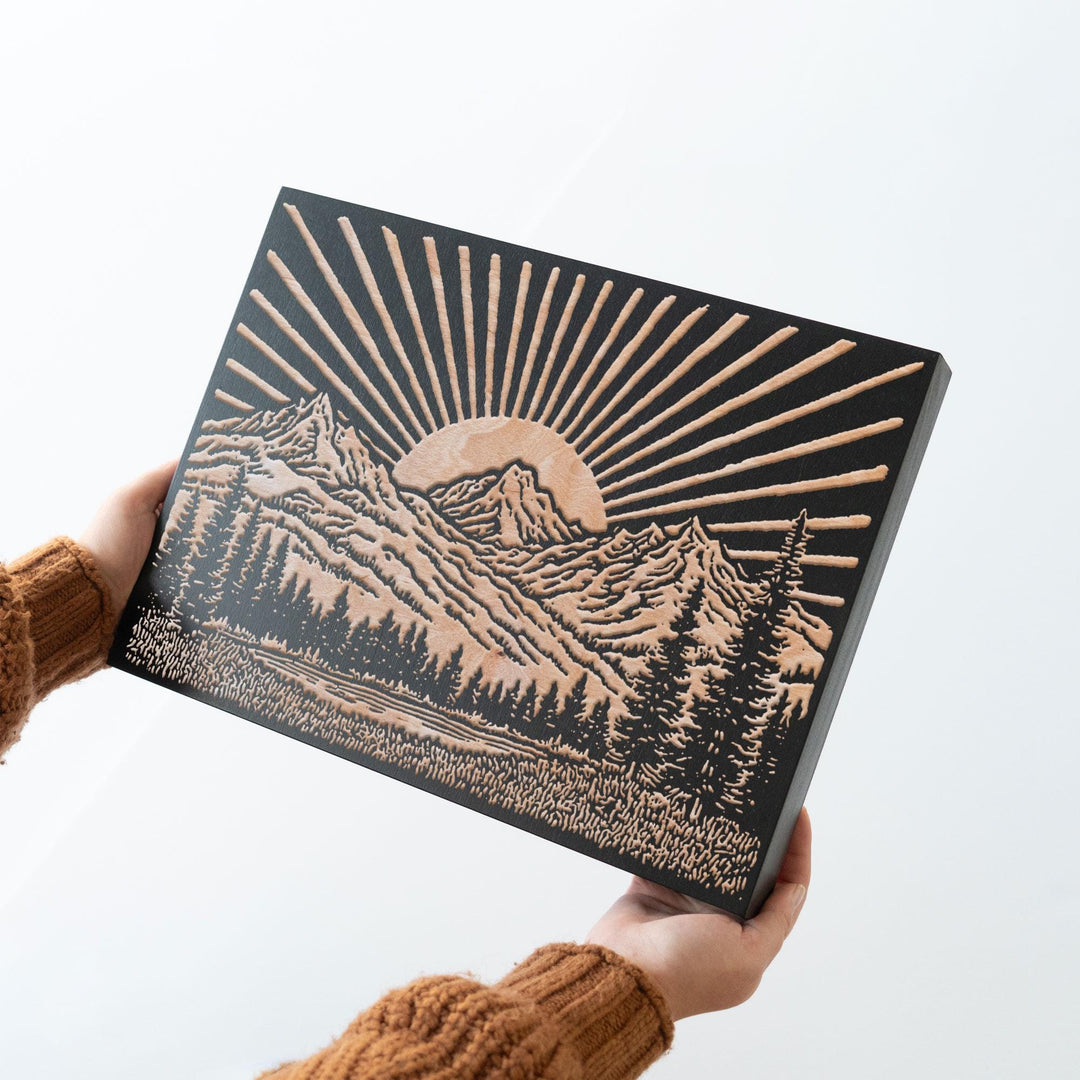 Sun over Mountain Range Engraved Wood Panel