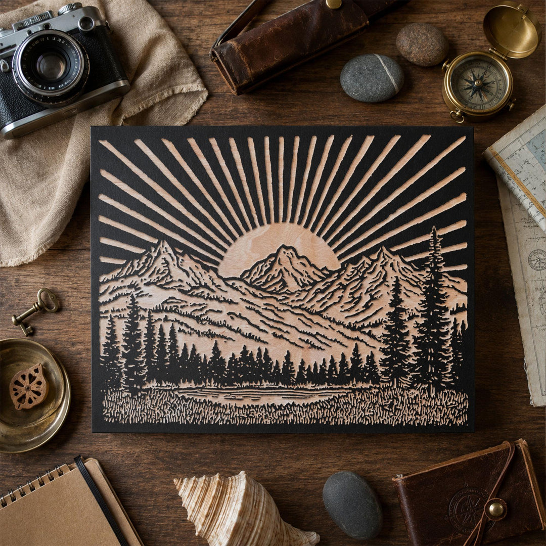 Sun over Mountain Range Engraved Wood Panel