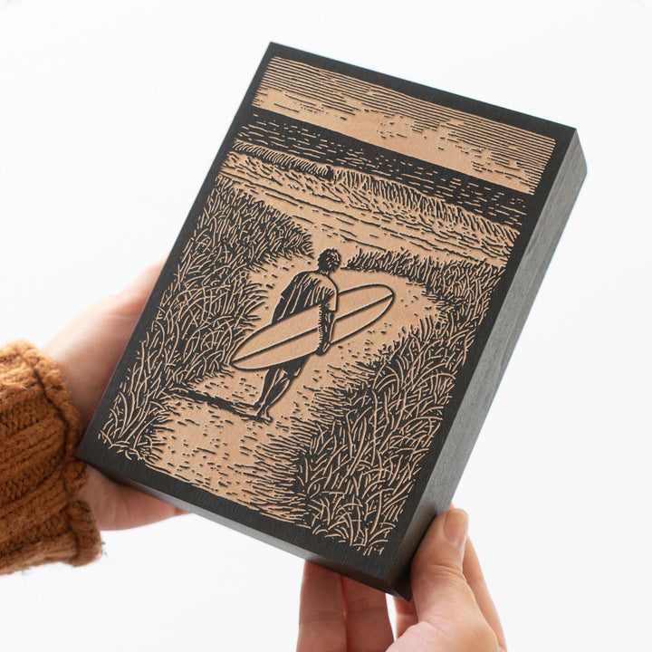 Surfer Walking Toward the Ocean Engraved Wood Panel