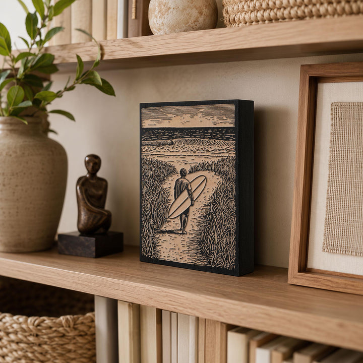 Surfer Walking Toward the Ocean Engraved Wood Panel