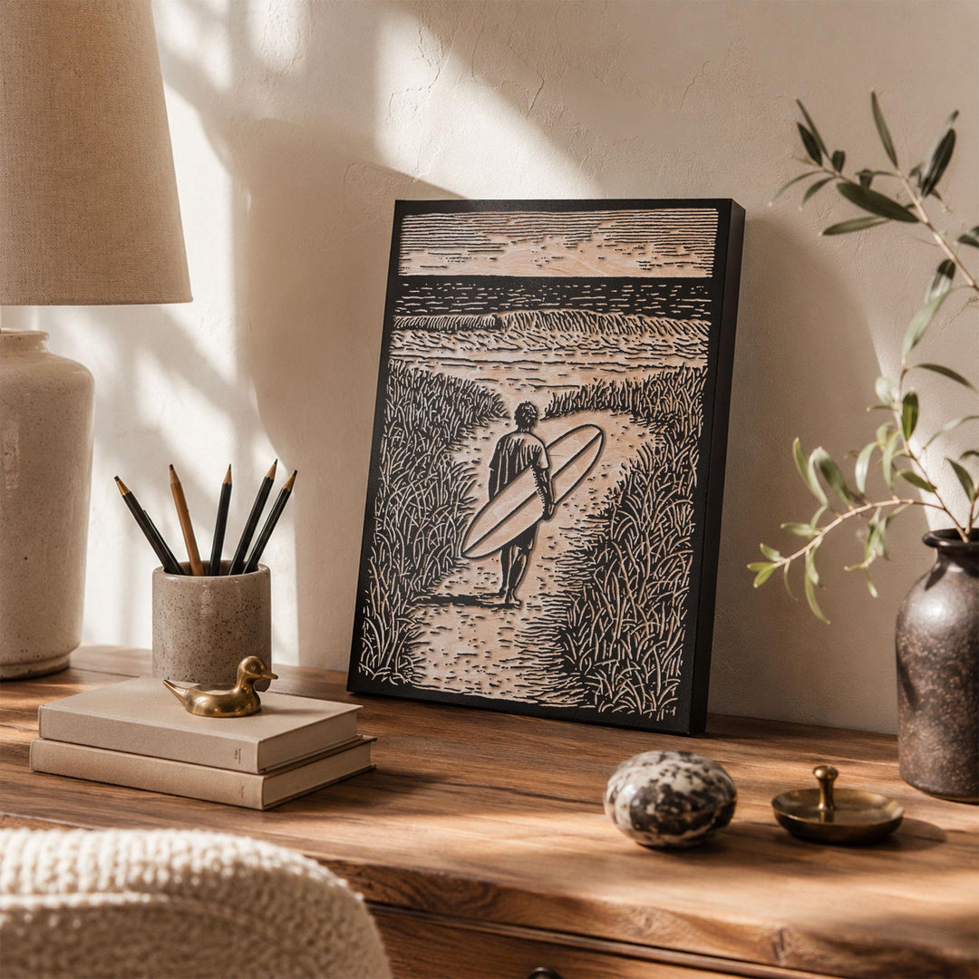 Surfer Walking Toward the Ocean Engraved Wood Panel