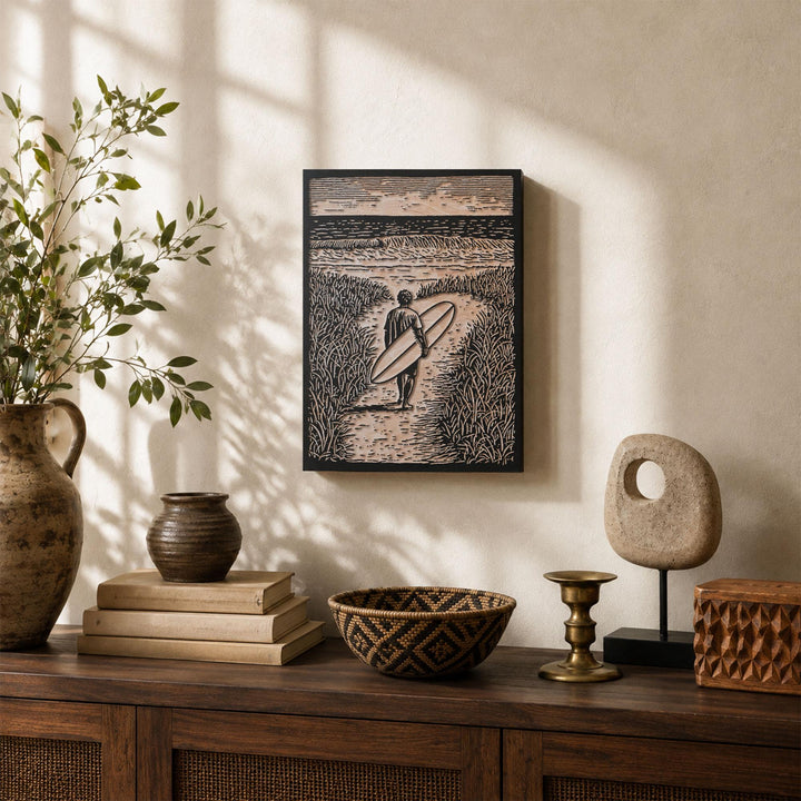 Surfer Walking Toward the Ocean Engraved Wood Panel