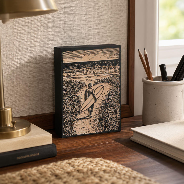 Surfer Walking Toward the Ocean Engraved Wood Panel