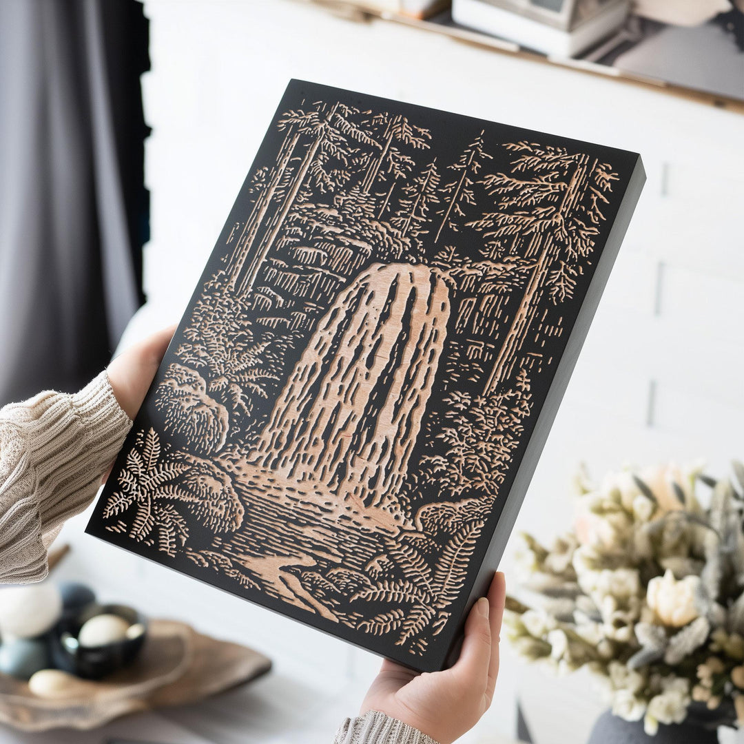Waterfall in Forest Engraved Wood Panel
