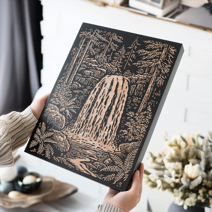 Waterfall in Forest Engraved Wood Panel