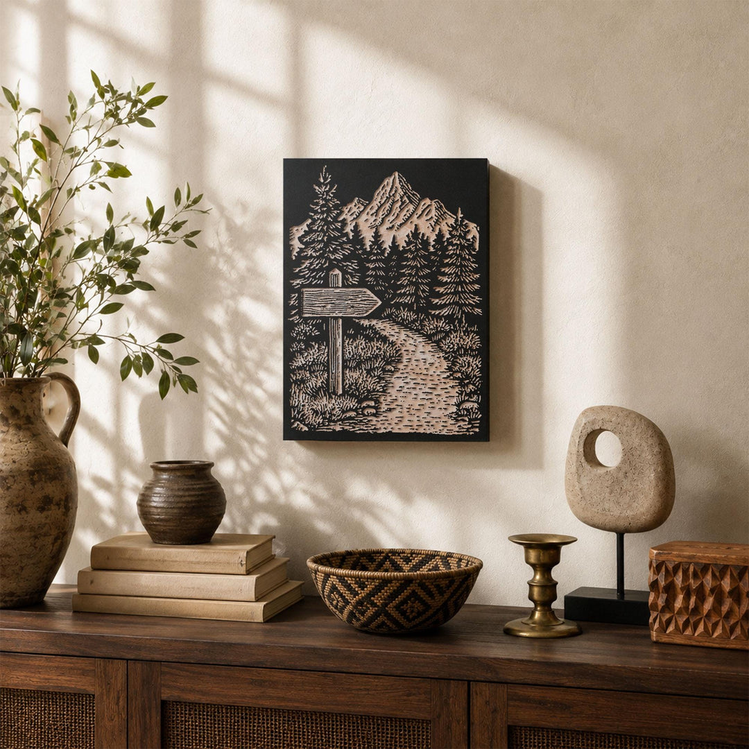 Weathered Hiking Trail Sign Engraved Wood Panel