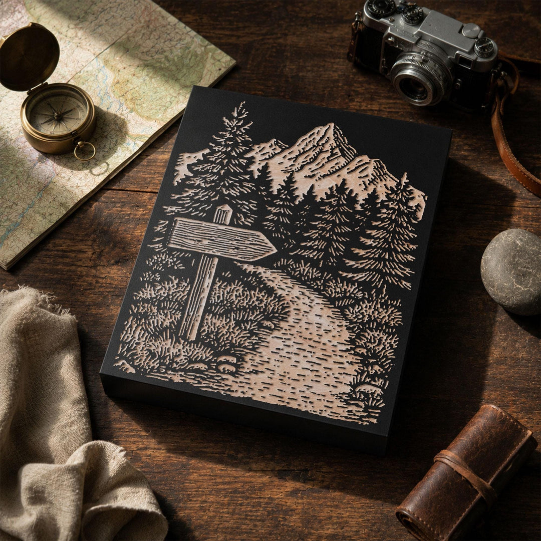 Weathered Hiking Trail Sign Engraved Wood Panel