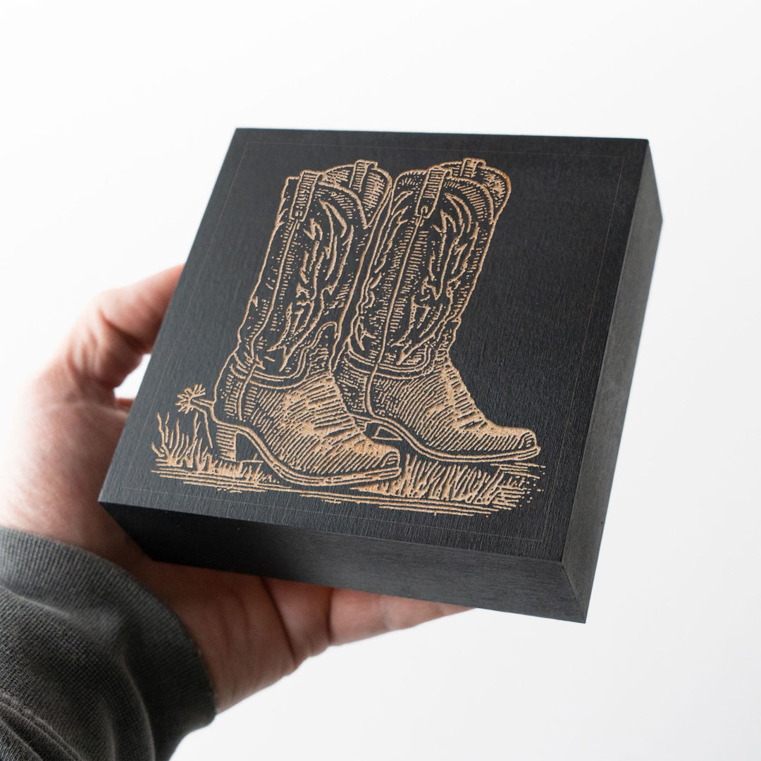 Classic Cowboy Boots Engraved Wood Panel