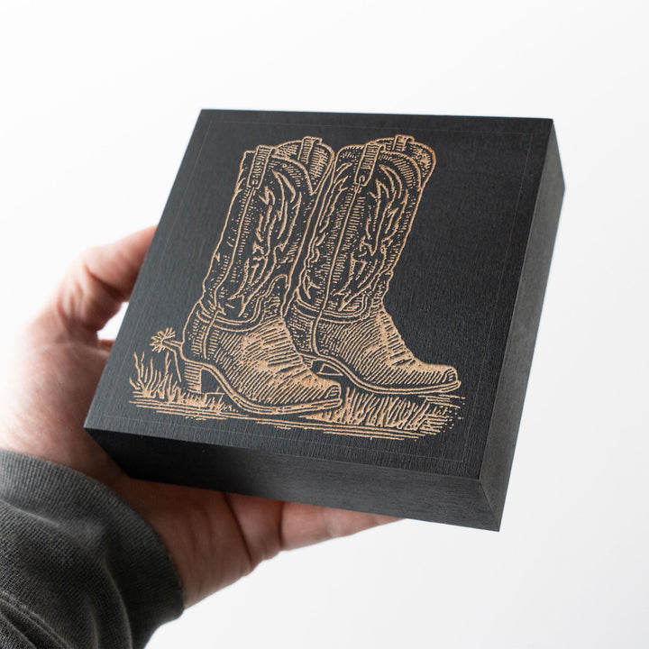 Classic Cowboy Boots Engraved Wood Panel