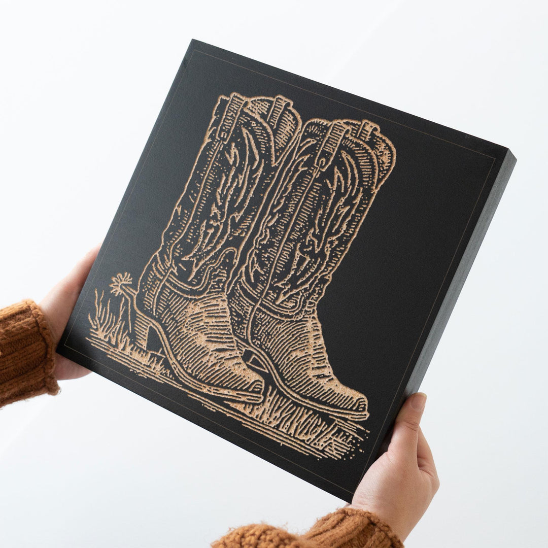 Classic Cowboy Boots Engraved Wood Panel