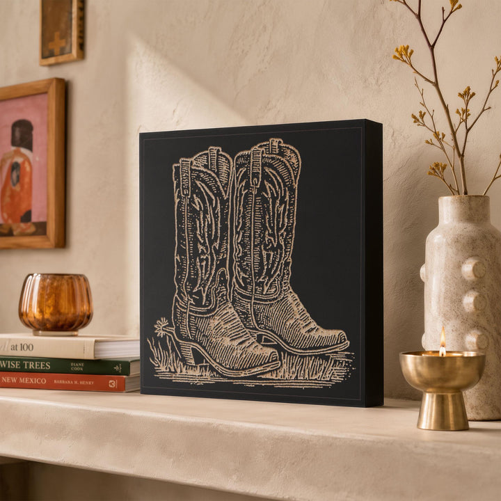 Classic Cowboy Boots Engraved Wood Panel
