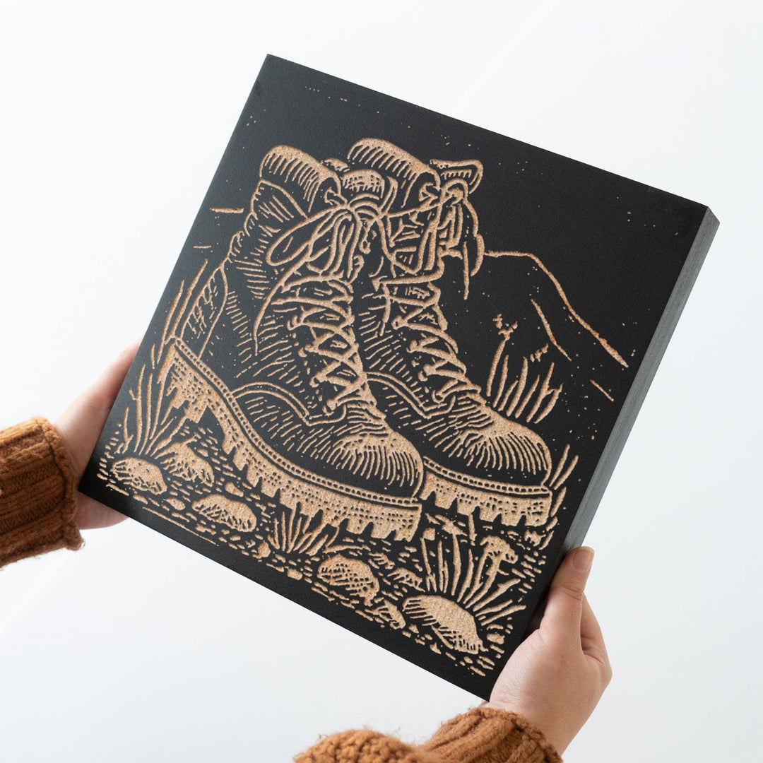 Hiking Boots Engraved Wood Panel