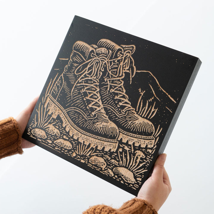 Hiking Boots Engraved Wood Panel