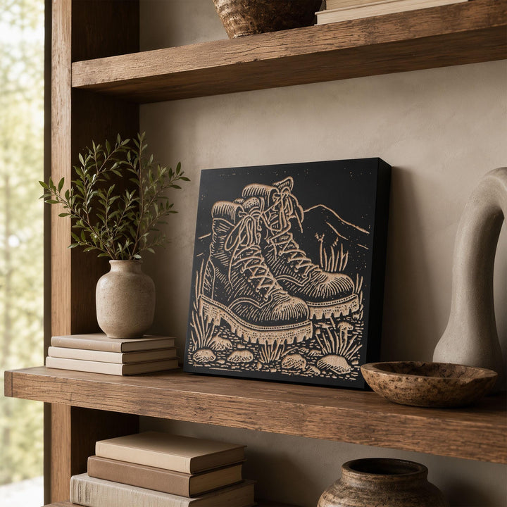Hiking Boots Engraved Wood Panel