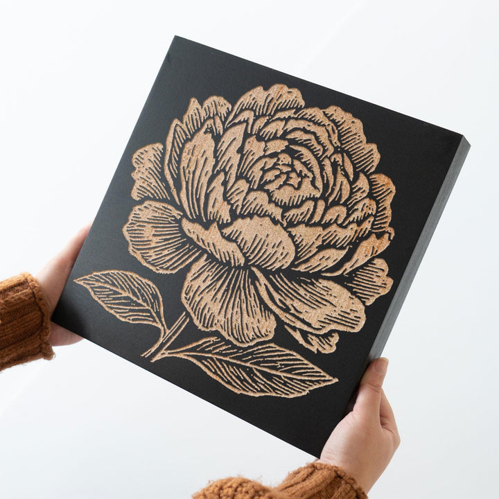 Peony Bloom Engraved Wood Panel