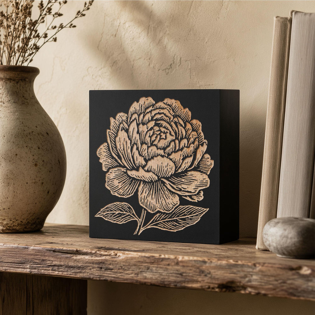 Peony Bloom Engraved Wood Panel