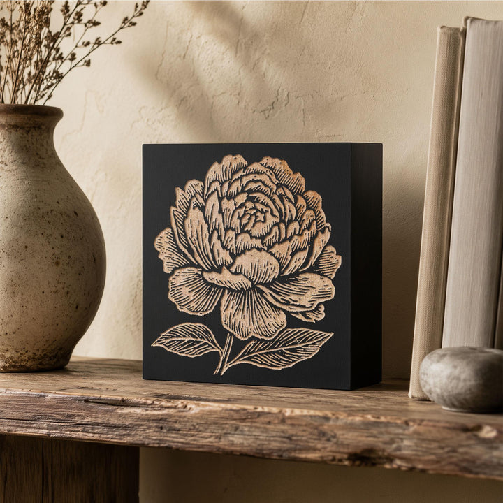 Peony Bloom Engraved Wood Panel