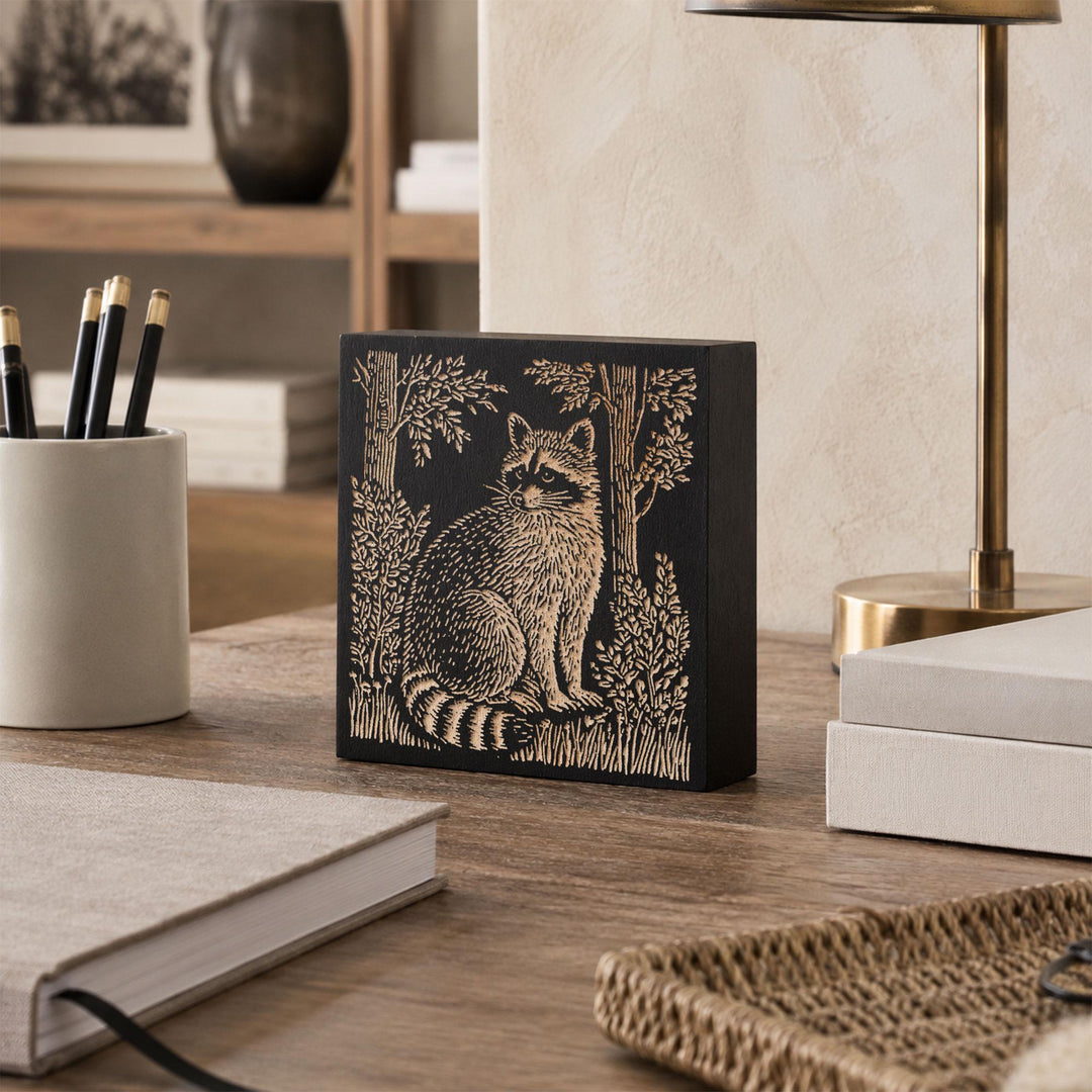 Raccoon in the Woods Engraved Wood Panel