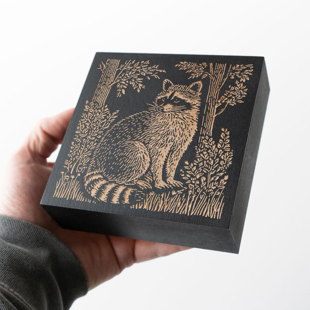 Raccoon in the Woods Engraved Wood Panel