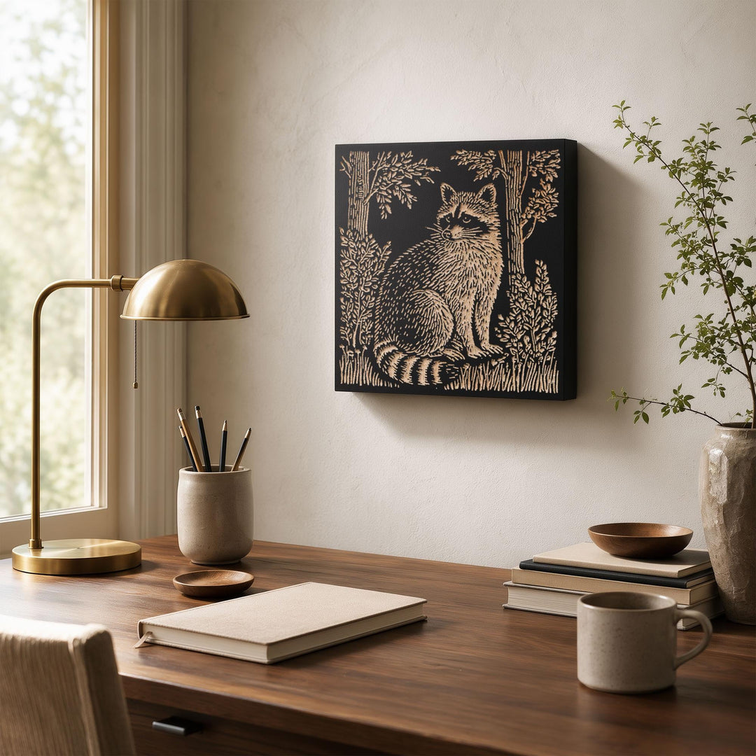 Raccoon in the Woods Engraved Wood Panel