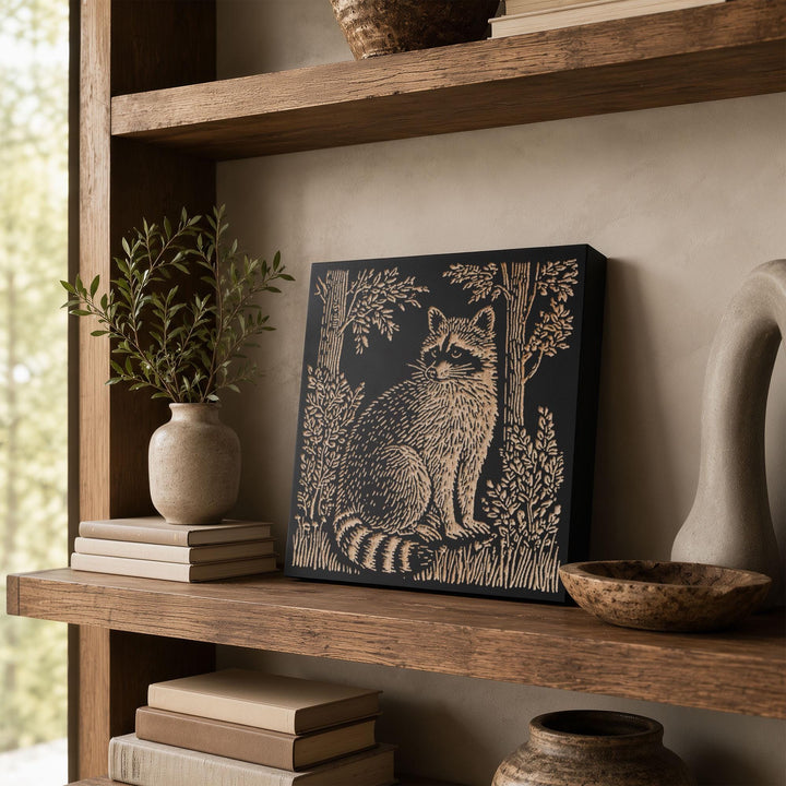 Raccoon in the Woods Engraved Wood Panel