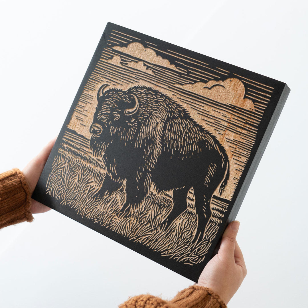 Bison on the Prairie Engraved Wood Panel