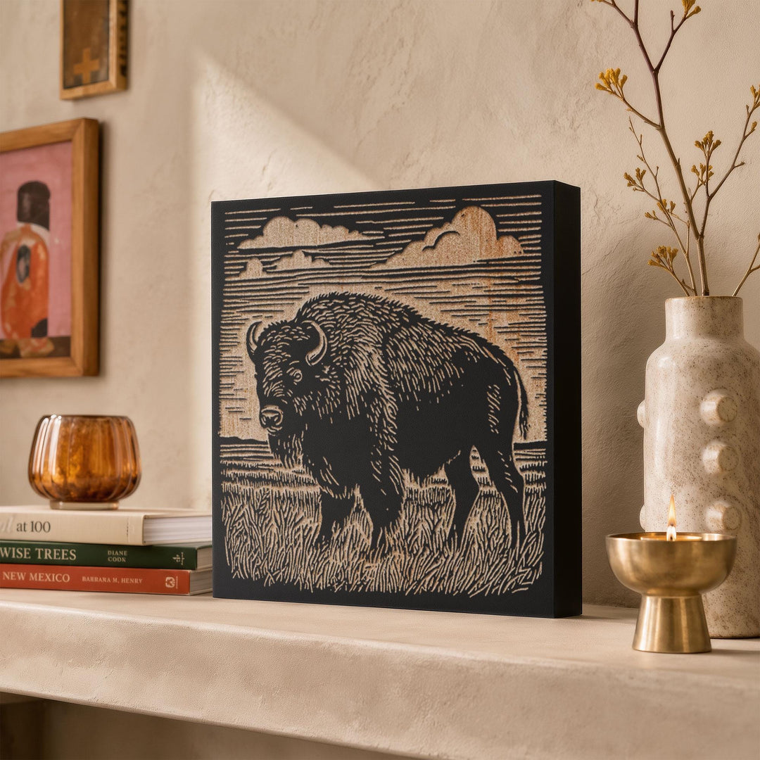 Bison on the Prairie Engraved Wood Panel