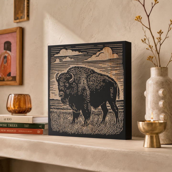 Bison on the Prairie Engraved Wood Panel