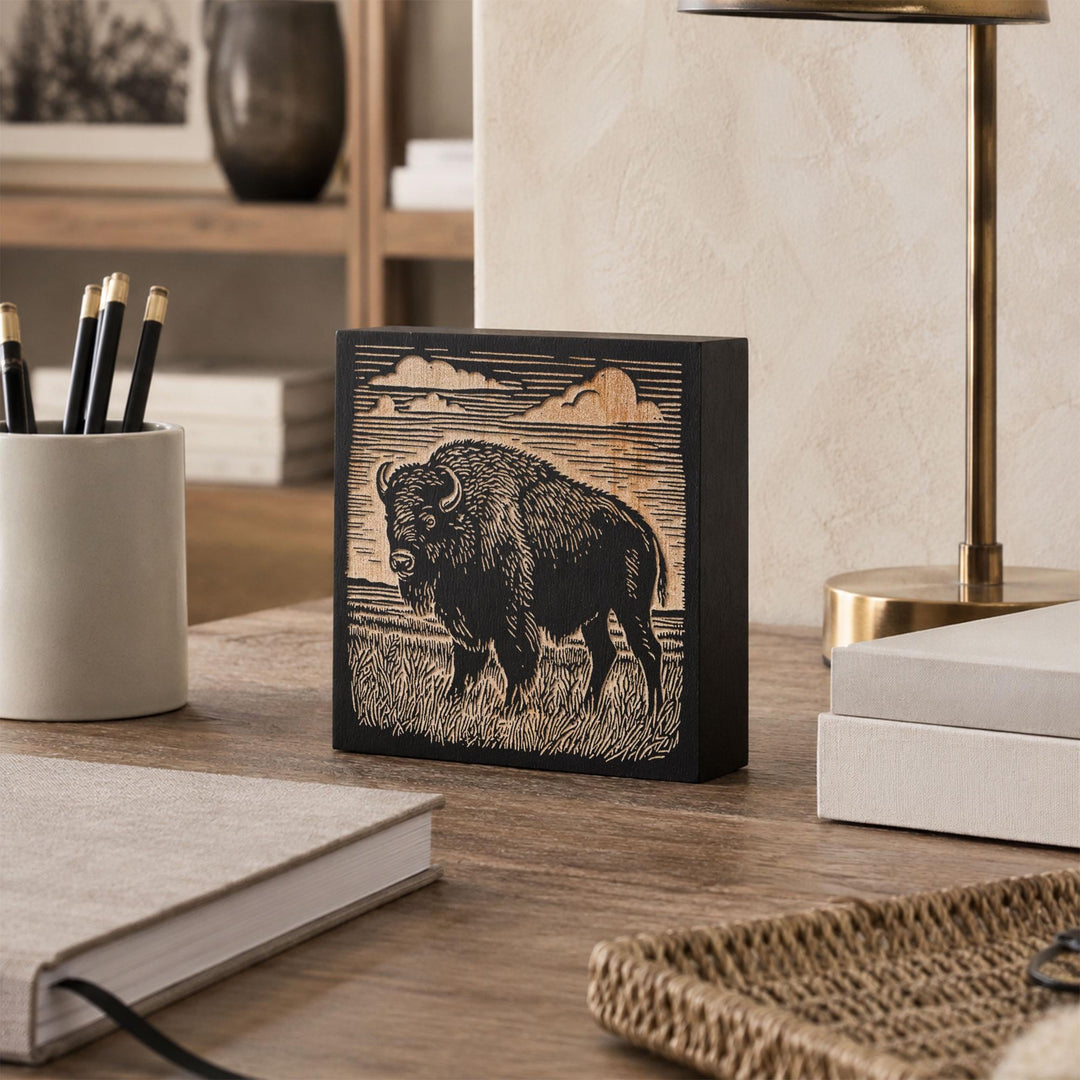 Bison on the Prairie Engraved Wood Panel