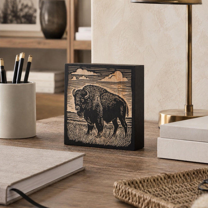 Bison on the Prairie Engraved Wood Panel