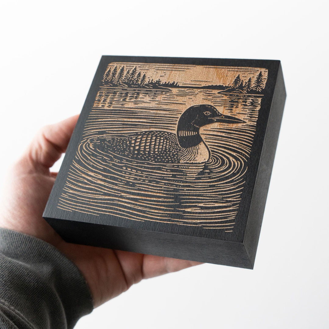 Loon on a Quiet Lake Engraved Wood Panel