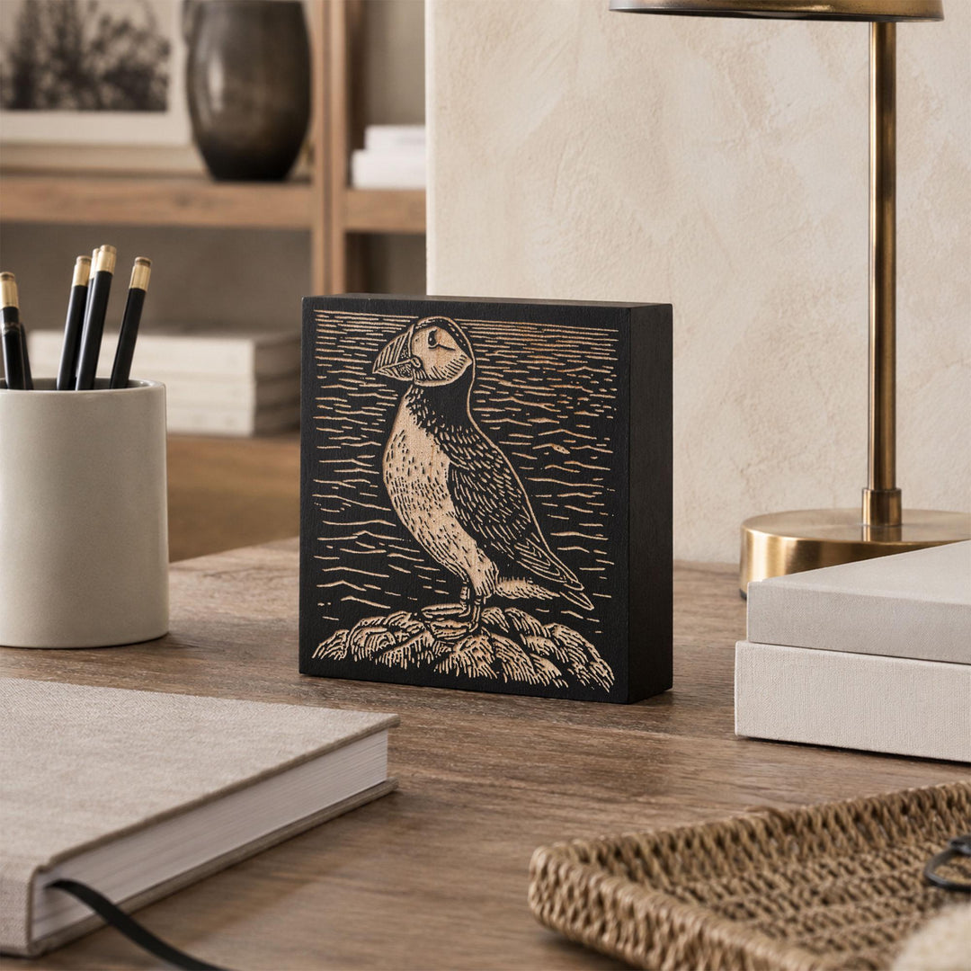 Puffin on Rugged Coast Engraved Wood Panel