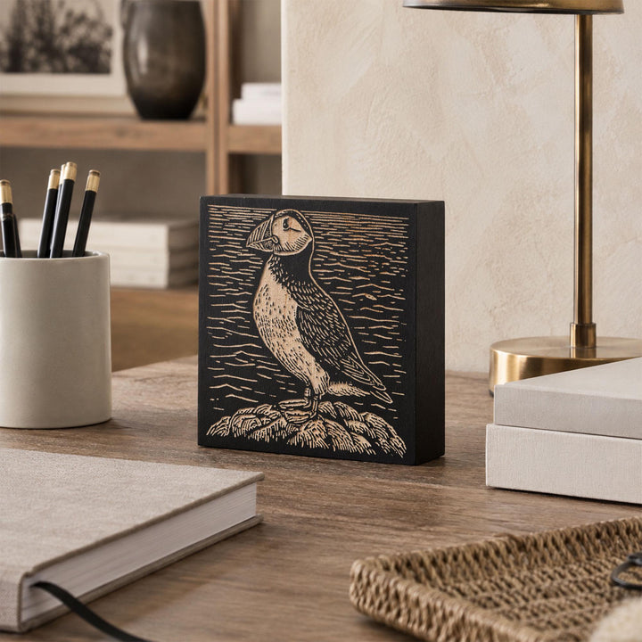 Puffin on Rugged Coast Engraved Wood Panel