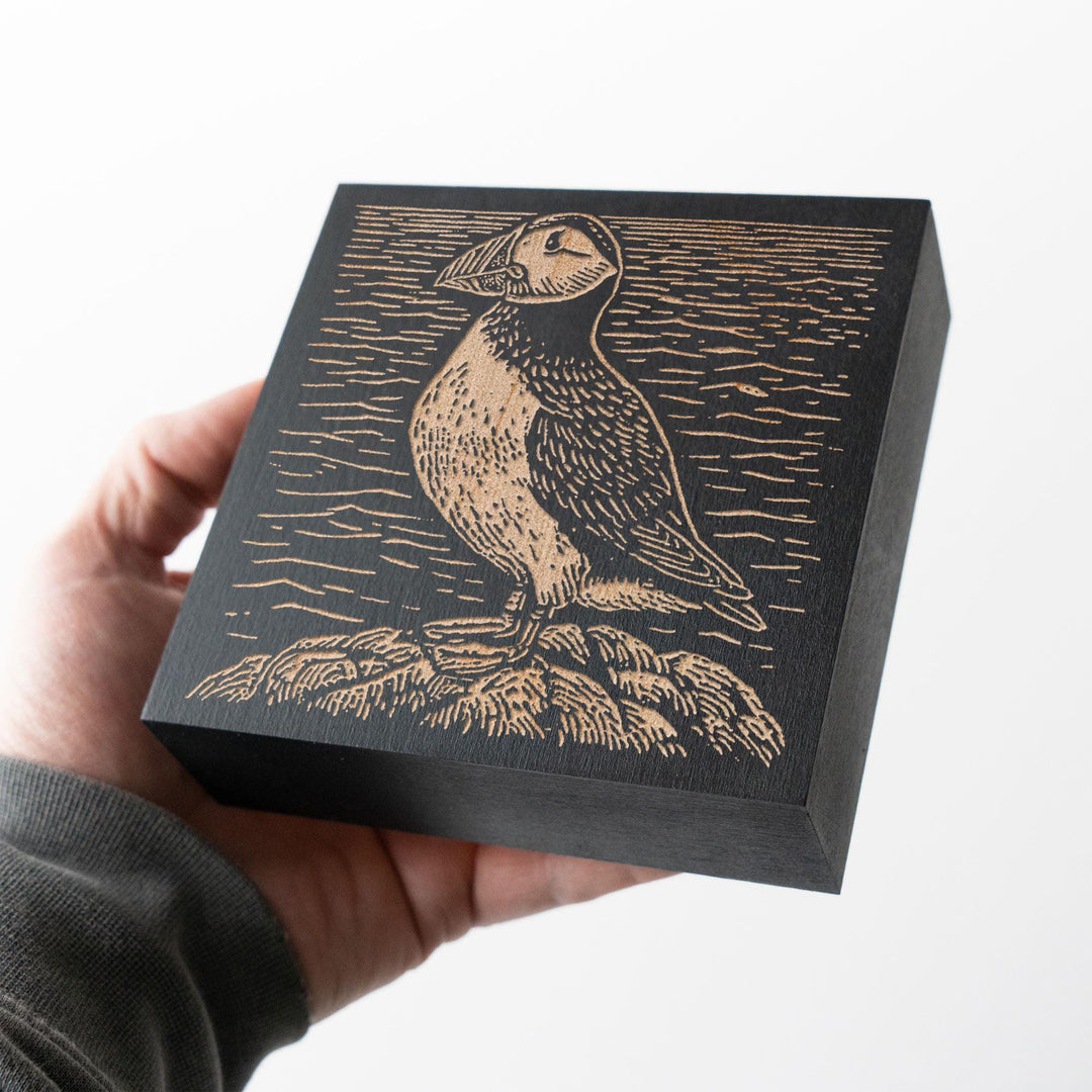 Puffin on Rugged Coast Engraved Wood Panel