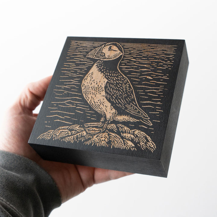 Puffin on Rugged Coast Engraved Wood Panel