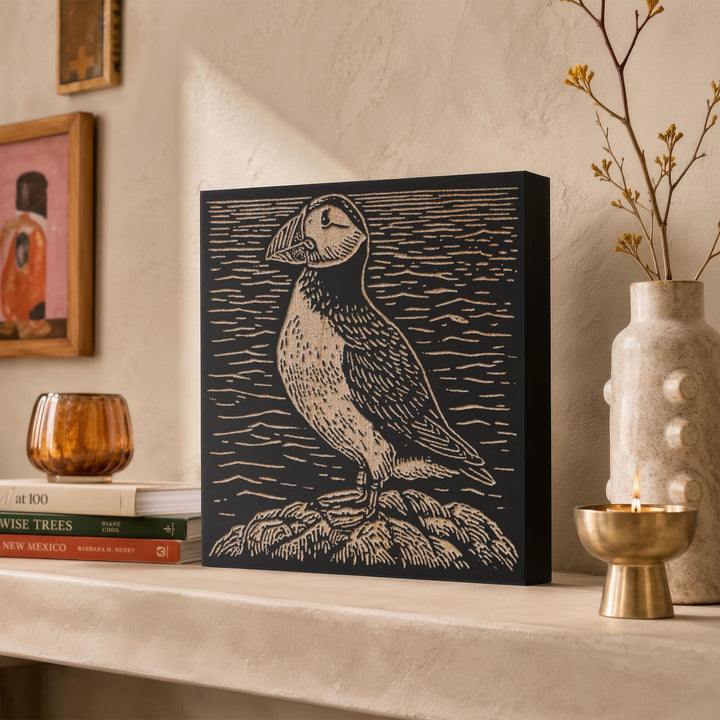 Puffin on Rugged Coast Engraved Wood Panel