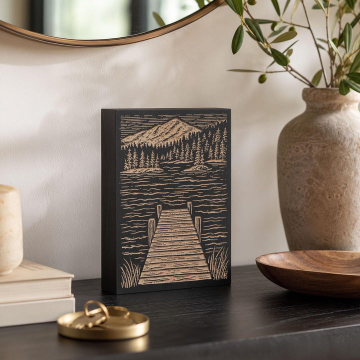 Wooden Dock at Lake Engraved Wood Panel