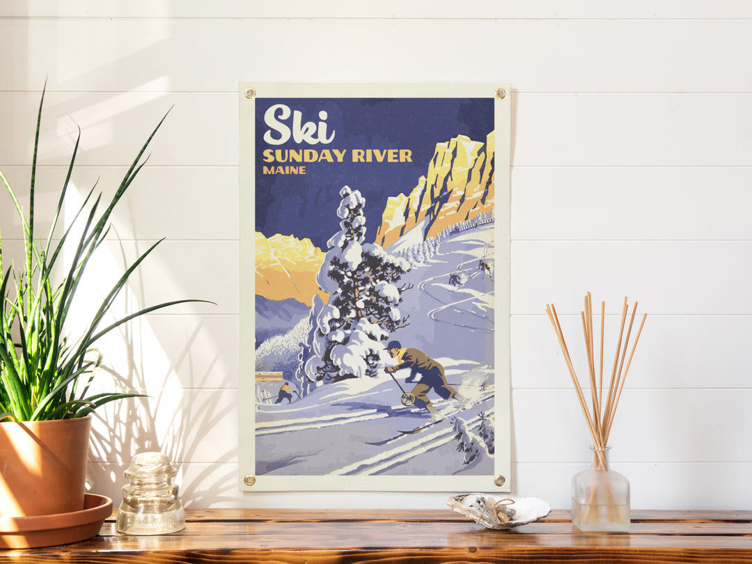 SKI Mountain Felt Banner Blue 16x24