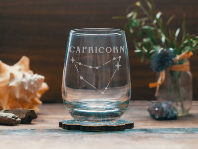 Capricorn Zodiac Engraved Glasses | Personalized astrology constellation glassware for beer, whiskey, wine and cocktails, home decor & gifts