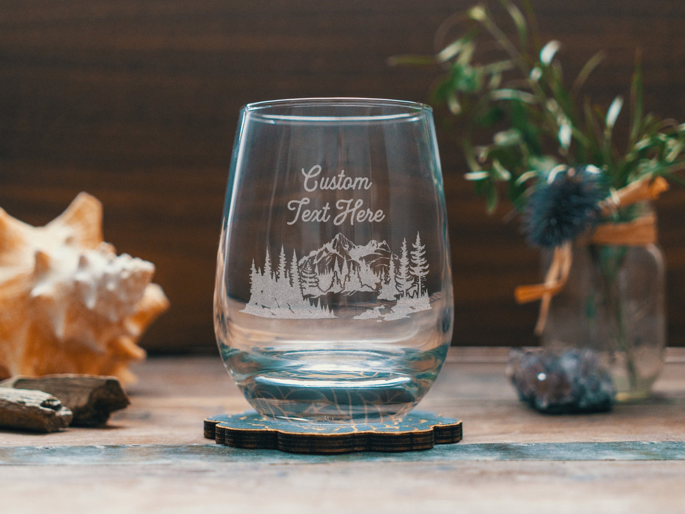 Custom Name Text Engraved Glasses, Mountain Theme